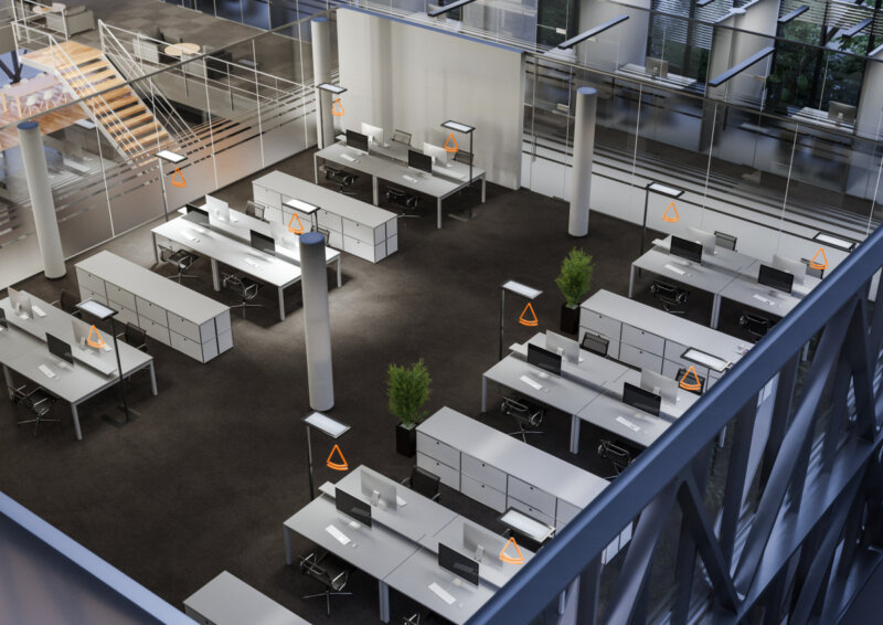 LMS visual open plan office floor lamp dimmed
