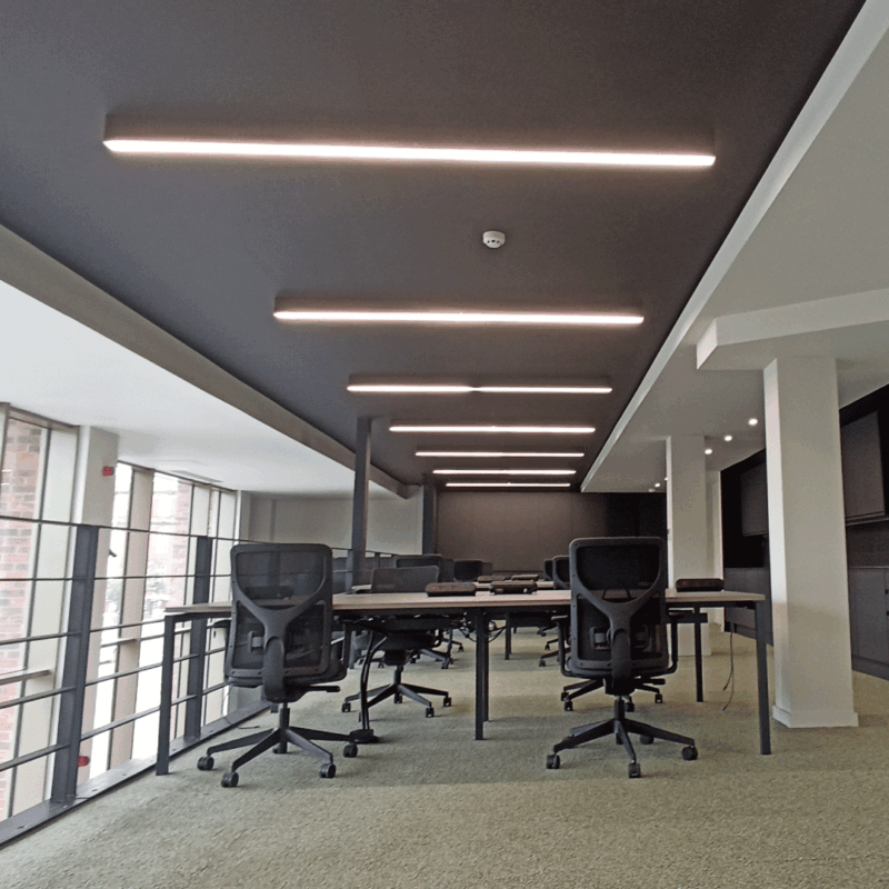 Black Linear Lights in an office